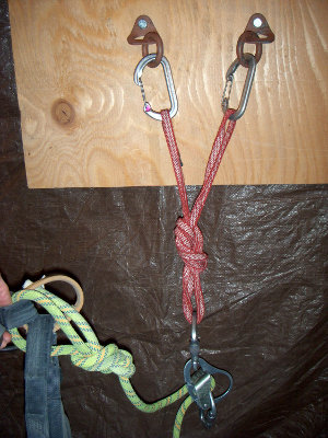 A simple belay setup with an auto-locking belay device.