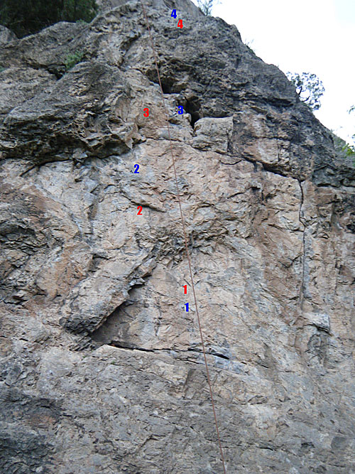 Roadside Attraction. The blue numbers indicate the location of existing bolts (or recently existing in the case of the 3rd) and the red numbers indicate the possible location of new bolts.